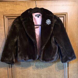 Black Rivet Brown Faux Fur Jacket with Snowflake Brooch